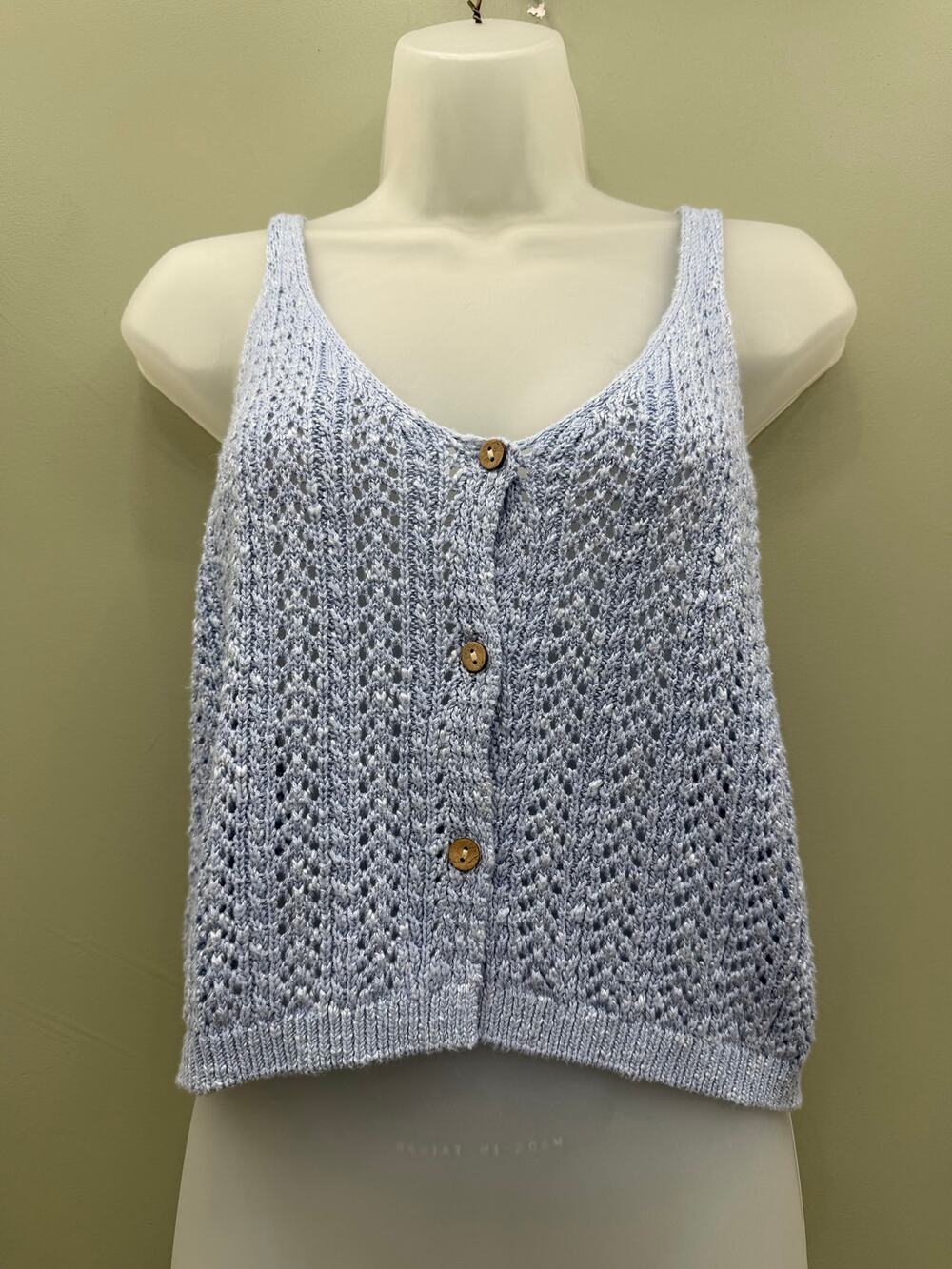 Frye Blue Open Knit Sweater Tank Small Crochet Button Front Coastal Boho